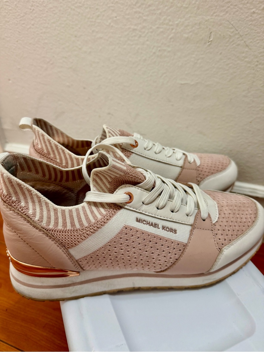 Michael Kors Blush Pink Knit & Leather Lace-Up Sneakers